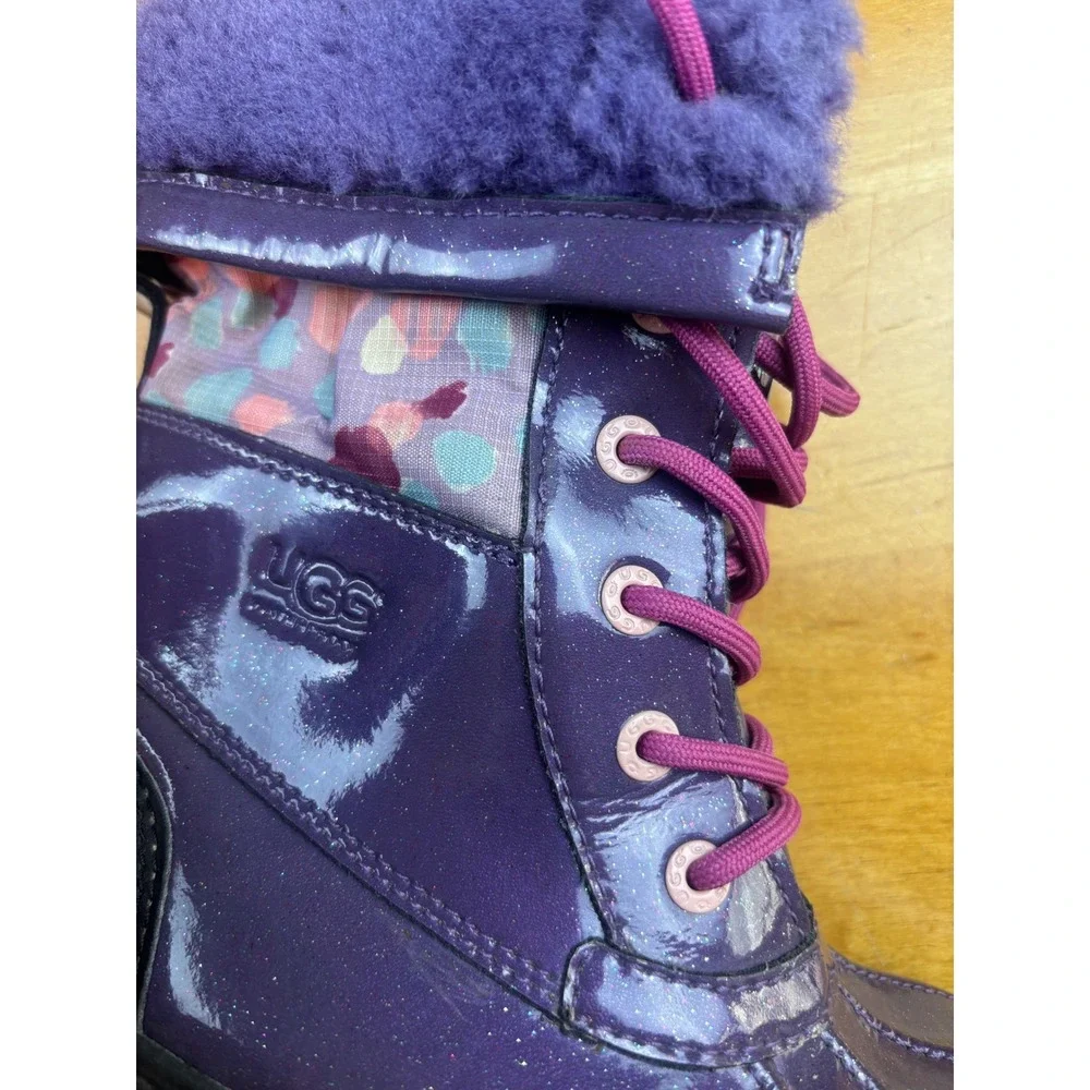 UGG Australia Adirondack II Purple Glitter Patent Leather Winter Boots Kids 6
